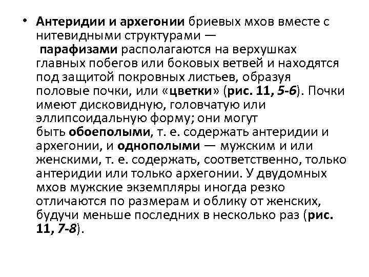  • Антеридии и архегонии бриевых мхов вместе с нитевидными структурами — парафизами располагаются