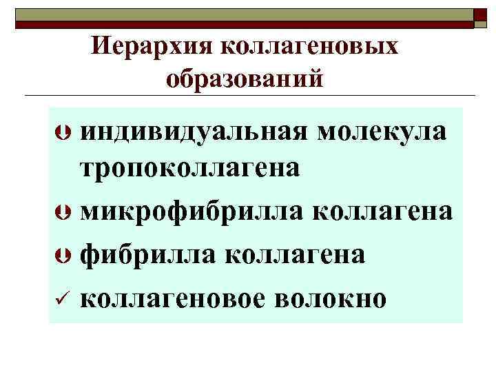 Иерархия коллагеновых образований Þ индивидуальная молекула тропоколлагена Þ микрофибрилла коллагена Þ фибрилла коллагена ü