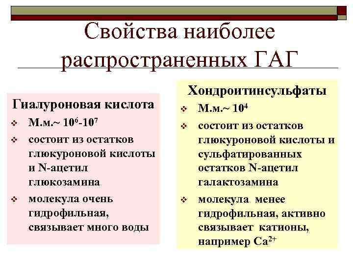 Свойства наиболее распространенных ГАГ Гиалуроновая кислота v v v М. м. ~ 106 -107