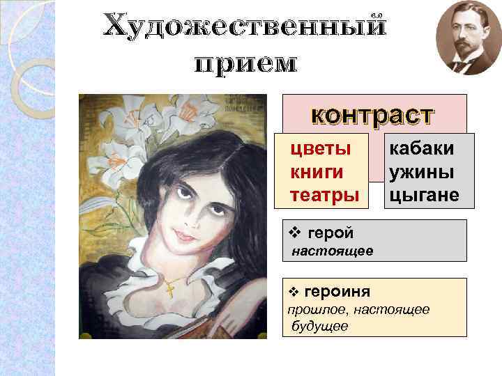 Художественный прием контраст цветы книги театры кабаки ужины цыгане v герой настоящее v героиня