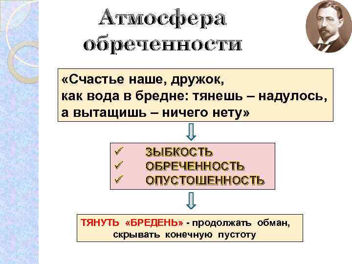 Атмосфера обреченности «Счастье наше, дружок, как вода в бредне: тянешь – надулось, а вытащишь