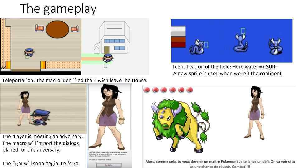 The gameplay Identification of the field: Here water => SURF A new sprite is