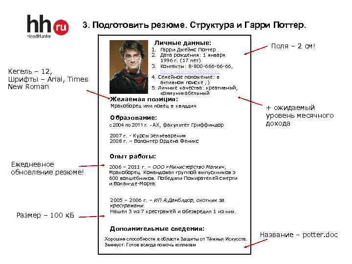 3. Подготовить резюме. Структура и Гарри Поттер. Личные данные: Кегель – 12, Шрифты –