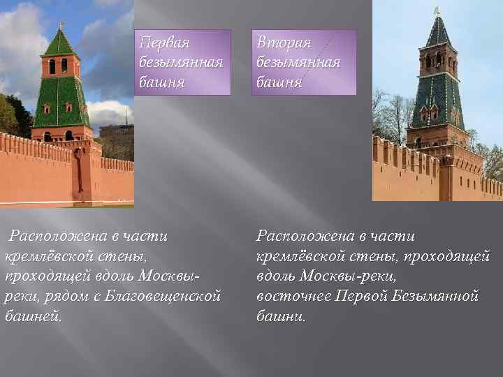 Первая безымянная башня Расположена в части кремлёвской стены, проходящей вдоль Москвыреки, рядом с Благовещенской