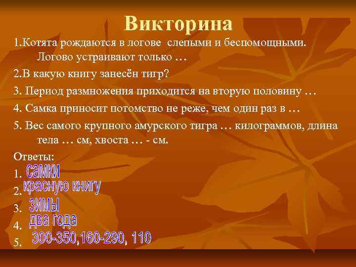 Викторина 1. Котята рождаются в логове слепыми и беспомощными. Логово устраивают только … 2.