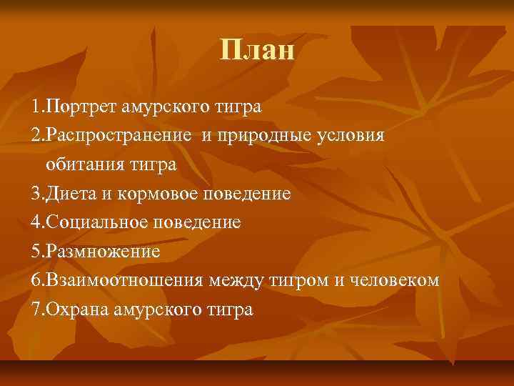 План 1. Портрет амурского тигра 2. Распространение и природные условия обитания тигра 3. Диета