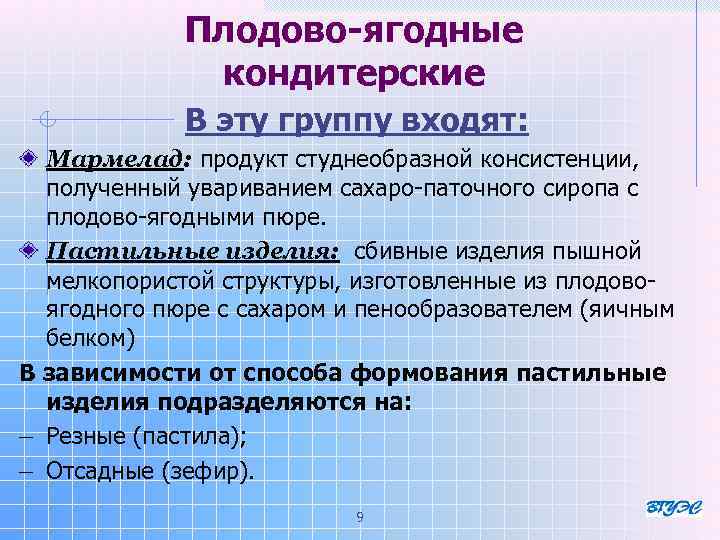 Плодово-ягодные кондитерские В эту группу входят: Мармелад: продукт студнеобразной консистенции, полученный увариванием сахаро-паточного сиропа