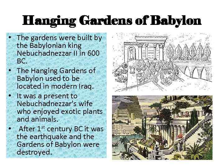 Hanging Gardens of Babylon • The gardens were built by the Babylonian king Nebuchadnezzar