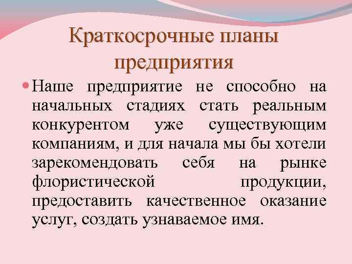 Краткосрочные планы предприятия Наше предприятие не способно на начальных стадиях стать реальным конкурентом уже