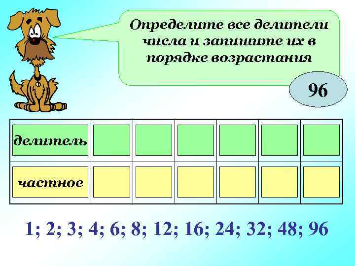 Определите все делители числа и запишите их в порядке возрастания 96 делитель 1 2