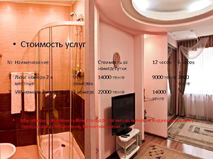  • Стоимость услуг № Наименование 1 Люкс номера 2 -х местные Стоимость за