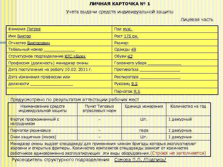 ЛИЧНАЯ КАРТОЧКА № 1 Учета выдачи средств индивидуальной защиты Лицевая часть Фамилия Петров Пол