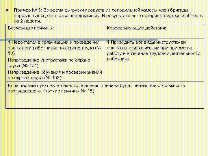 Пример № 3: Во время выгрузки продукта из холодильной камеры член бригады порезал палец