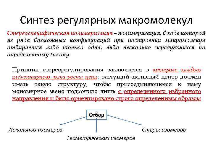 Синтез регулярных макромолекул Стереоспецифическая полимеризация – полимеризация, в ходе которой из ряда возможных конфигураций