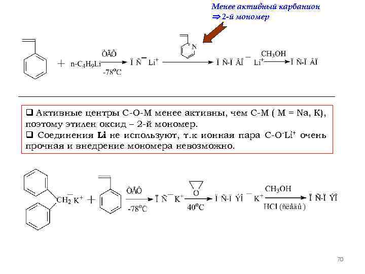 Менее активный карбанион 2 -й мономер q Активные центры С-О-М менее активны, чем С-М