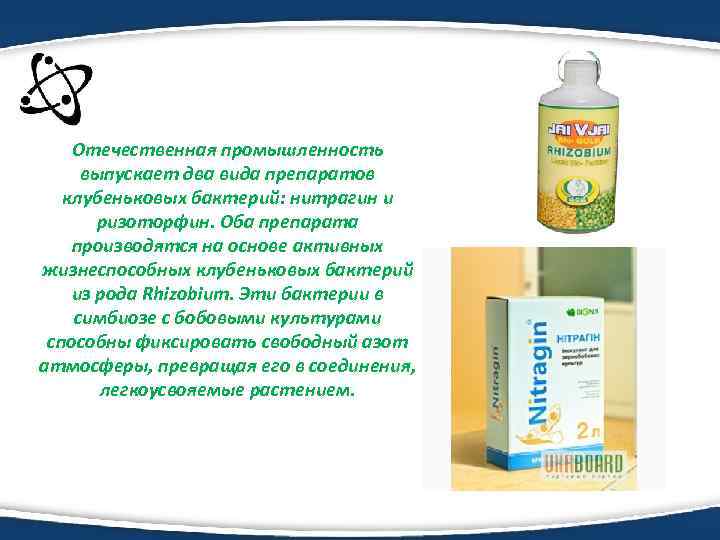 Отечественная промышленность выпускает два вида препаратов клубеньковых бактерий: нитрагин и ризоторфин. Оба препарата производятся