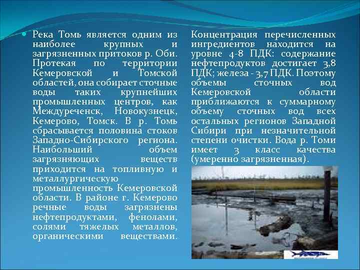  Река Томь является одним из наиболее крупных и загрязненных притоков р. Оби. Протекая