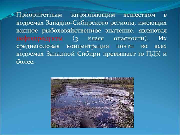  Приоритетным загрязняющим веществом в водоемах Западно-Сибирского региона, имеющих важное рыбохозяйственное значение, являются нефтепродукты