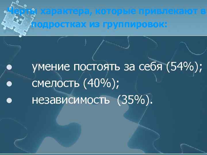  Черты характера, которые привлекают в подростках из группировок: l умение постоять за себя