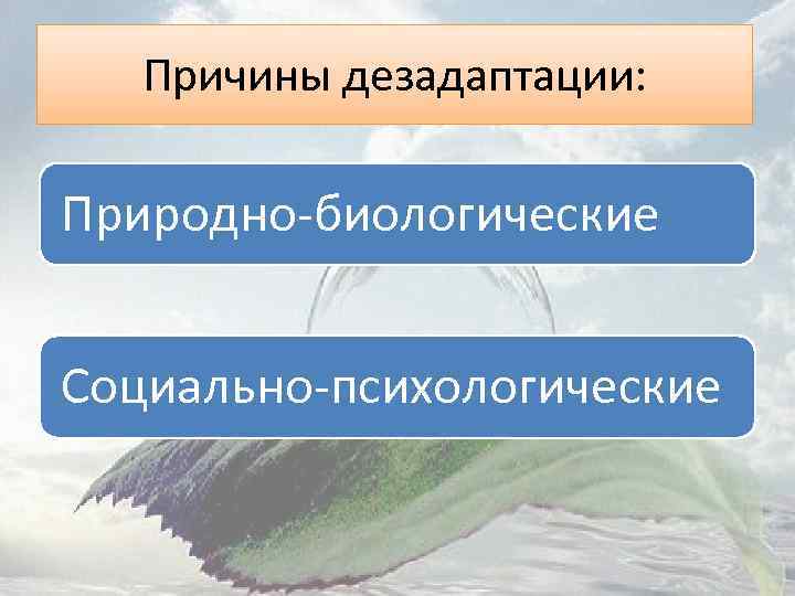 Причины дезадаптации: Природно-биологические Социально-психологические 