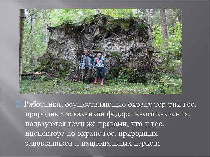 2. Работники, осуществляющие охрану тер-рий гос. природных заказников федерального значения, пользуются теми же правами,
