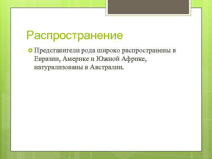 Распространение Представители рода широко распространены в Евразии, Америке и Южной Африке, натурализованы в Австралии.