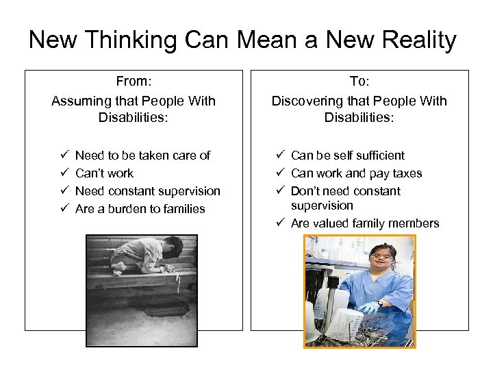 New Thinking Can Mean a New Reality From: Assuming that People With Disabilities: ü