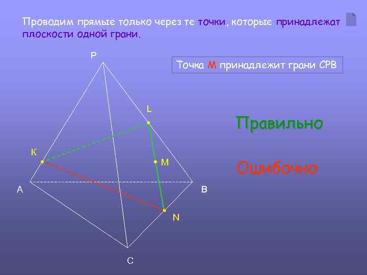 Проводим прямые только через те точки, которые принадлежат плоскости одной грани. Р Точка M