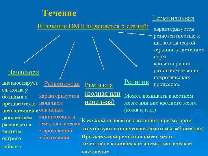Течение Терминальная В течение ОМЛ выделяется 5 стадий: характеризуется Начальная резистентностью к цитостатической терапии,