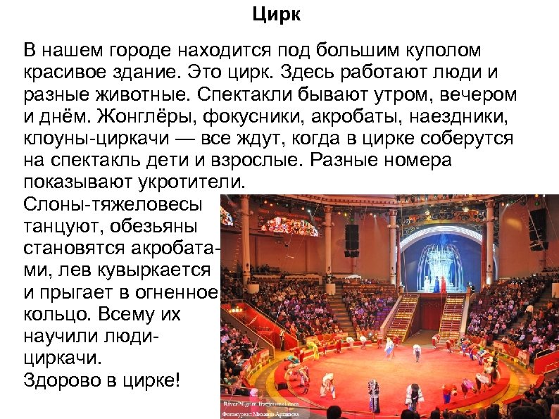 Цирк В нашем городе находится под большим куполом красивое здание. Это цирк. Здесь работают