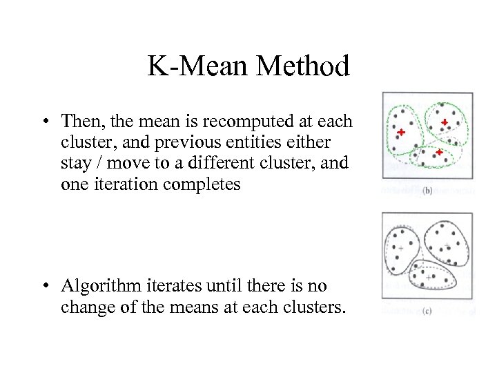 K-Mean Method • Then, the mean is recomputed at each cluster, and previous entities