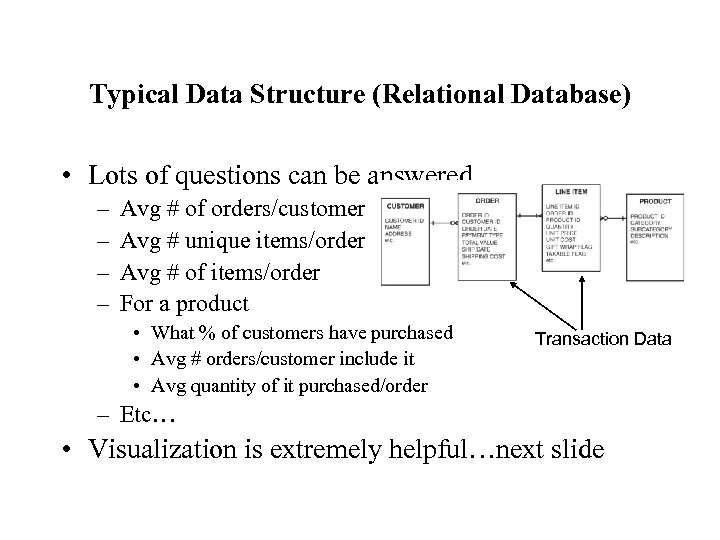 Typical Data Structure (Relational Database) • Lots of questions can be answered – –