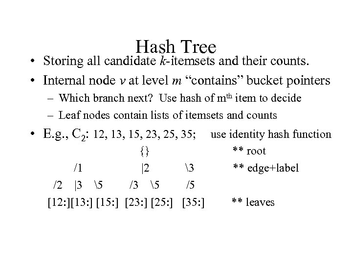 Hash Tree • Storing all candidate k-itemsets and their counts. • Internal node v