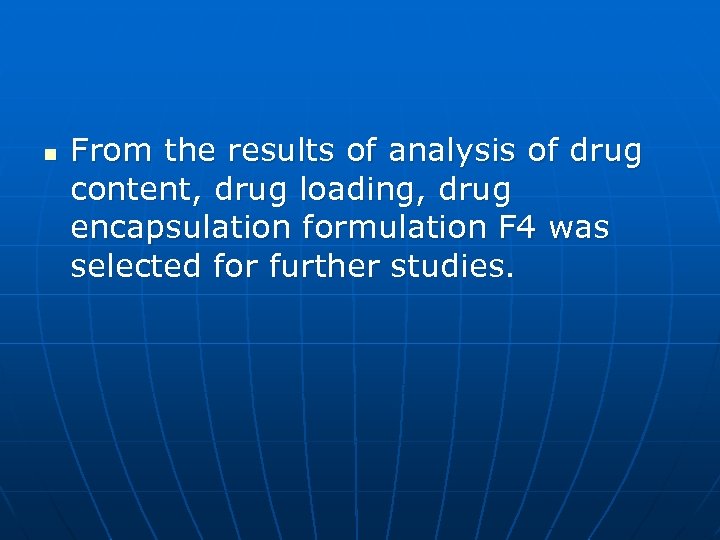 n From the results of analysis of drug content, drug loading, drug encapsulation formulation