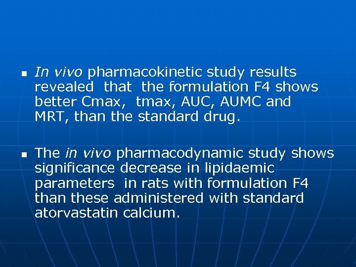n n In vivo pharmacokinetic study results revealed that the formulation F 4 shows