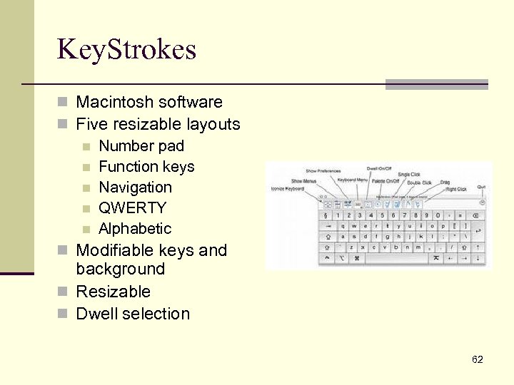 Key. Strokes n Macintosh software n Five resizable layouts n Number pad n Function