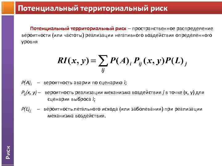 Потенциальный территориальный риск – пространственное распределение Потенциальный территориальный риск вероятности (или частоты) реализации негативного