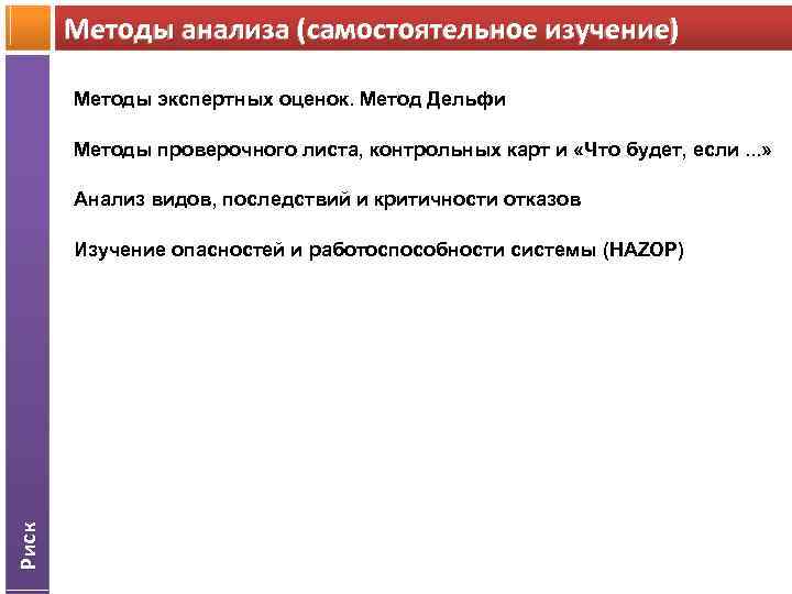 Методы анализа (самостоятельное изучение) Методы экспертных оценок. Метод Дельфи Методы проверочного листа, контрольных карт
