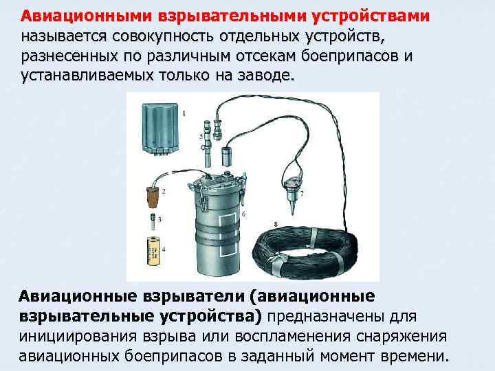 Авиационными взрывательными устройствами называется совокупность отдельных устройств, разнесенных по различным отсекам боеприпасов и устанавливаемых