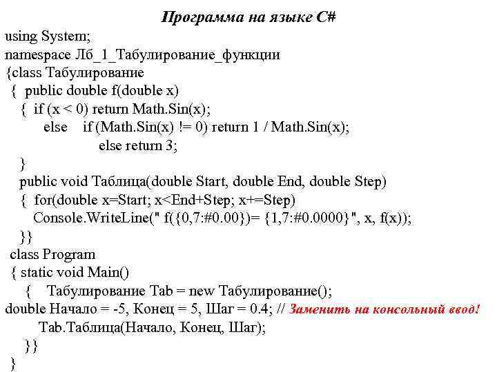 Программа на языке C# using System; namespace Лб_1_Табулирование_функции {class Табулирование { public double f(double