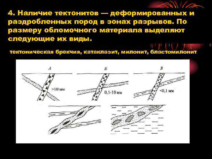 4. Наличие тектонитов — деформированных и раздробленных пород в зонах разрывов. По размеру обломочного