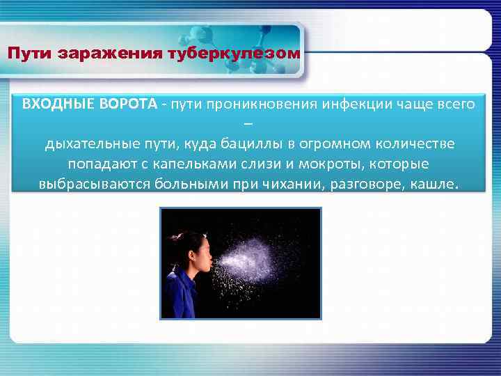 Пути заражения туберкулезом ВХОДНЫЕ ВОРОТА - пути проникновения инфекции чаще всего – дыхательные пути,