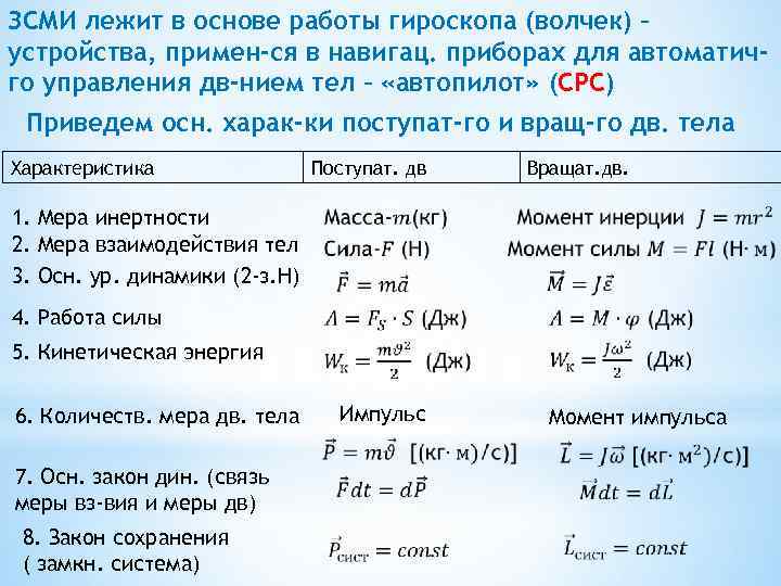 ЗСМИ лежит в основе работы гироскопа (волчек) – устройства, примен-ся в навигац. приборах для