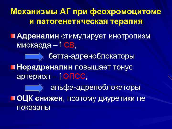 Механизмы АГ при феохромоцитоме и патогенетическая терапия Адреналин стимулирует инотропизм миокарда – СВ, бетта-адреноблокаторы