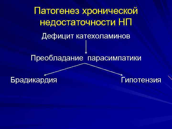 Патогенез хронической недостаточности НП Дефицит катехоламинов Преобладание парасимпатики Брадикардия Гипотензия 