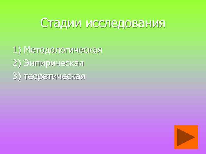 Стадии исследования 1) Методологическая 2) Эмпирическая 3) теоретическая 