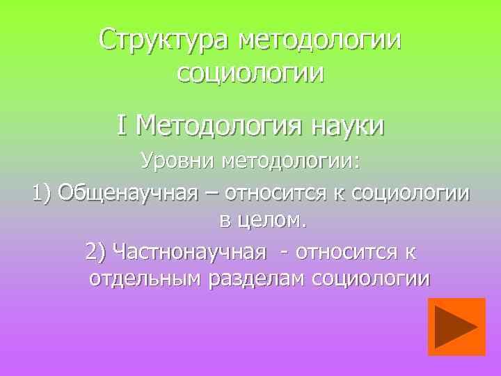 Структура методологии социологии I Методология науки Уровни методологии: 1) Общенаучная – относится к социологии