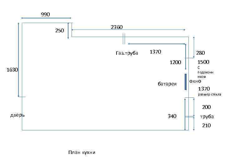 990 2360 250 Газ. труба 1370 280 1200 1630 батарея 1500 С подоконн иком