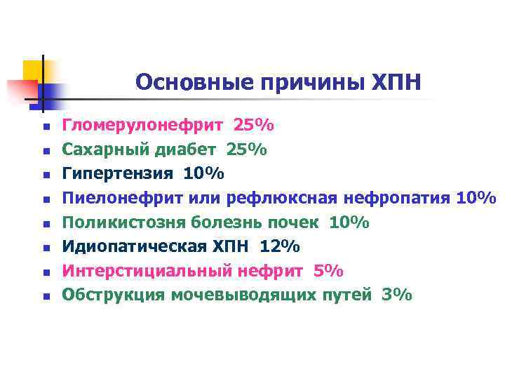 Основные причины ХПН n n n n Гломерулонефрит 25% Сахарный диабет 25% Гипертензия 10%