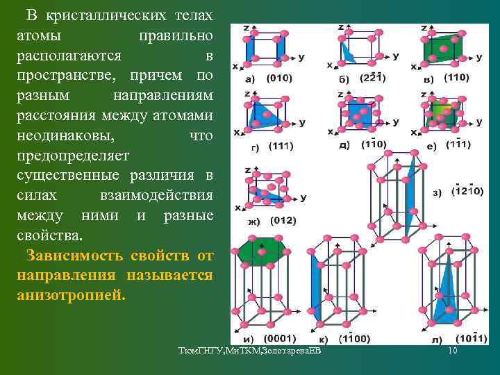 В кристаллических телах атомы правильно располагаются в пространстве, причем по разным направлениям расстояния между